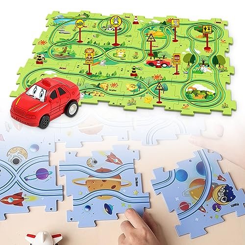 Blautal RC Car Racer DIY Assembling Electric Trolley Puzzle Track Play Set with Vehicles for Kids Ages 3+