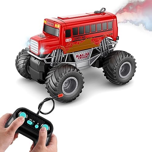 GoolRC Monster RC Planes 1/16 Scale Remote Control Truck All Terrain Off Road Red RC School Bus with Spray and LED Lights Rechargeable Electronic Vehicle for Kids Boys and Girls