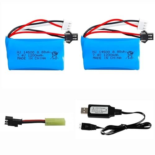 Cecicebb 7.4V 1200mAh Li ion Battery with SM2P Plug for WPL MN RC Cars H101 RC Boats and Anstoy Gel Ball Blaster with SM2P to Mini Tamiya Switch Cable and USB Charger