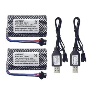 MOONZON 2PCS 7.4V 1500mAh SM 3P Plug Lithium Battery with USB Charging Cable for Caterpillar Construction RC Dump Truck DE43 DE60 RC Racing Car Batteries