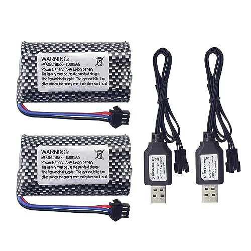 MOONZON 2PCS 7.4V 1500mAh SM 3P Plug Lithium Battery with USB Charging Cable for Caterpillar Construction RC Dump Truck DE43 DE60 RC Racing Car Batteries