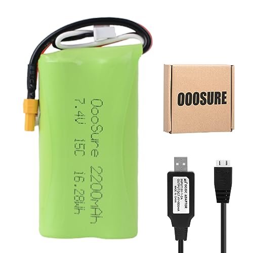 OooSure 2200mAh 7.4V 15C Li ion Rechargeable Battery with XT30 Adapter Compatible with Cat 336D RC Excavator Jumper T18 Pro Transmitter and More