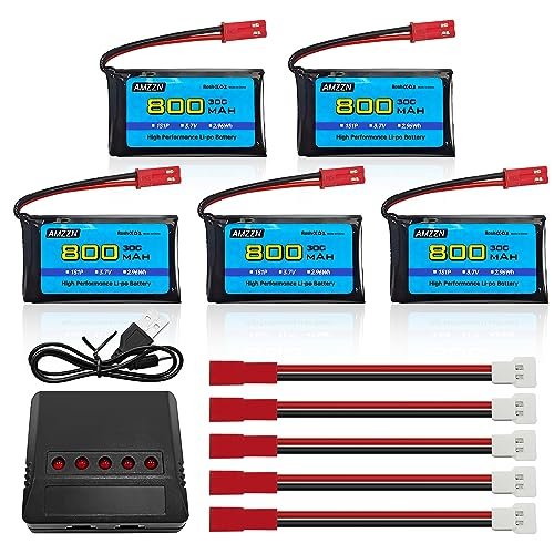AMZZN RC Slick Tires High Performance 5PCS 3.7V 800mAh 30C Lipo Battery with 5 in 1 Charger for SYMA X56W MJX X400W X300C X800 HS110 HS200 S670 V950hd S1750 V2450 RC Drone