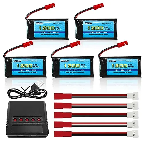 New Bright RC 12.8V Lithium Ion Battery Charger with 5PCS 3.7V 1200mAh 30C Lipo Batteries and 5 in 1 Charger for RC Drones