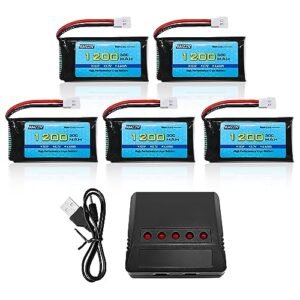 AMZZN 5PCS 3.7V 1200mAh 30C Lipo Battery with 5 in 1 Charger Molex Plug for SYMA X5SW X5SC X5SC 1 KY601S RC Drone Lithium Accessories