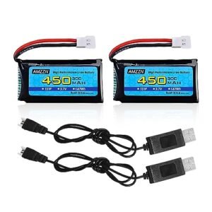 AMZZN 2PCS 3.7V 450mAh 30C Lipo Battery with USB Charging Cable Molex Plug for RC Drones and Aircraft Models