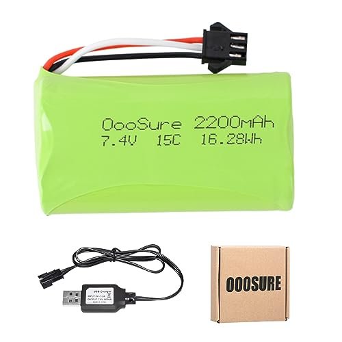 OooSure 2200mAh 7.4V 15C Li ion Rechargeable Battery with SM3P SM4P Connector and 2S USB Charger for RC Boats Trucks and Crawlers