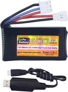 FMS FCX24 7.4V 600mAh 35C 2S Lipo Battery with Molex Plug and USB Charger for RC Cars and Trucks