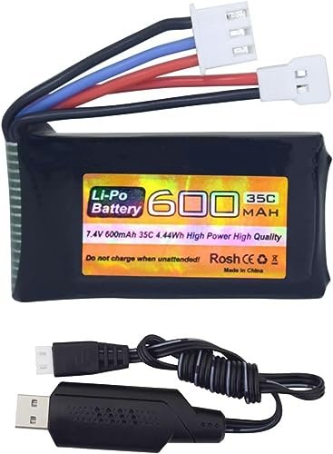 FMS FCX24 7.4V 600mAh 35C 2S Lipo Battery with Molex Plug and USB Charger for RC Cars and Trucks