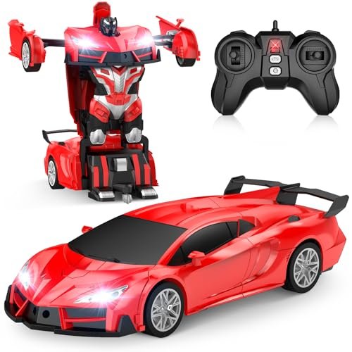 Qumcou Transform Robot RC Cars Buy and Sell RC Cars with LED Headlights 2.4Ghz 360 Degree Rotation One Button Deformation Red