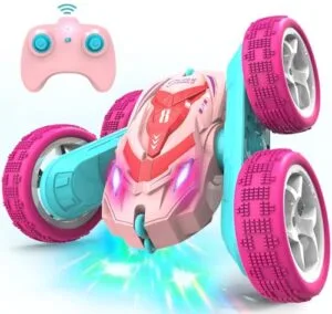 AFUNX Best RC Flip Car Remote Control Stunt Toy 360° Rotating 4WD 2.4Ghz Rechargeable with Headlights for Kids Boys Girls Ages 6 12 Pink