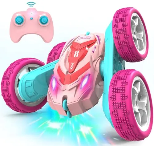 AFUNX Best RC Flip Car Remote Control Stunt Toy 360° Rotating 4WD 2.4Ghz Rechargeable with Headlights for Kids Boys Girls Ages 6 12 Pink