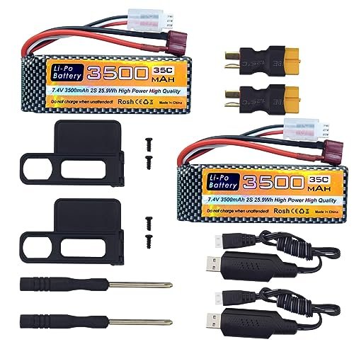 Sea Jump 2PCS 7.4V 3500mAh 35C 2S Lipo Battery with T Plug and USB Charging Cable for MJX H16 Series RC Cars