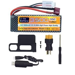 sea jump 7.4V 3500mAh 35C 2S Lipo Battery with T Plug and USB Charging Cable Suitable for MJX H16P H16E H16GT H16BM H16PL 14301 RC Car High-Speed Drift Model Toy Car Upgrade Battery