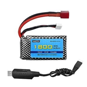 AMZZN 7.4V 1800mAh 2S 30C T Plug Lipo Battery with USB Charger for Tiger Trainer RC Plane and Compatible Models