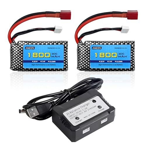 AMZZN 2PCS 7.4V 1800mAh 2S 30C T Plug Lipo Battery with 2 in 1 Charger for RC Cars Trucks