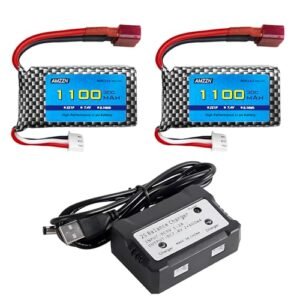 AMZZN 2PCS 7.4V 1100mAh 30C Lipo Battery with 2 in 1 Charger RC Willey Rebate Compatible with 1/10 1/12 1/16 1/18 RC Cars and Trucks