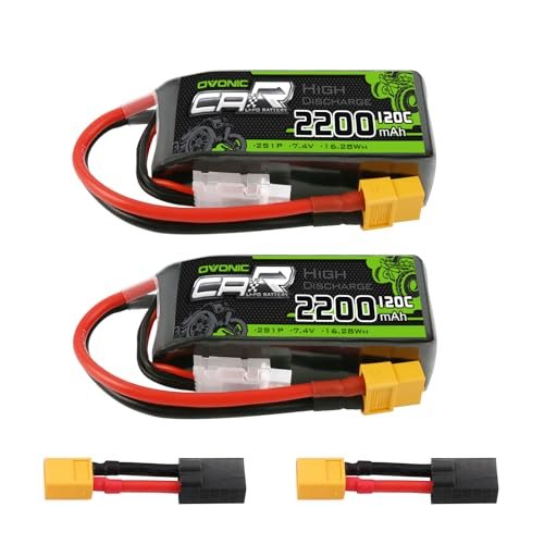 OVONIC 2S Short LiPo Battery 7.4V 2200mAh 120C with TRA and XT60 Plugs for RC Short Course Truck Body and Other RC Vehicles 2 Packs