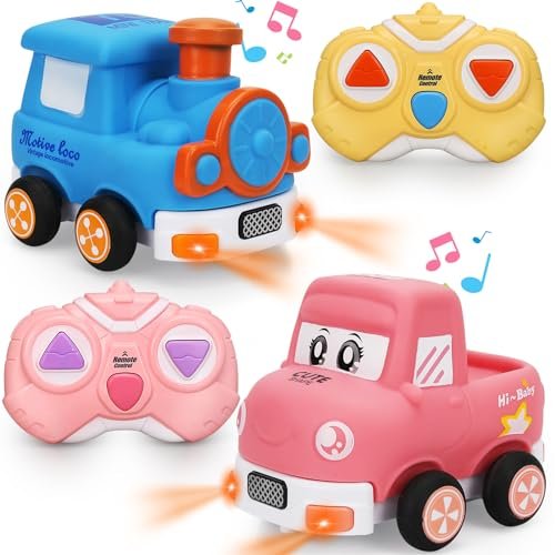 FAO Schwarz RC Toyland Train Remote Control Car Set for Kids 2 Pack Cartoon RC Cars with Music and Lights Ideal Gift for Boys Girls Ages 2 3 4 5 6 7