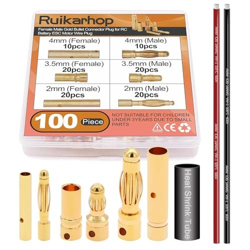 Ruikarhop Young Living Essential Oil RC 2mm 3.5mm 4mm Female Male Gold Banana Bullet Connector Plug with Wire and Heat Shrink Tube
