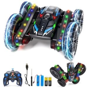 Aiqi RC 1068 Denon Stunt Car 2.4Ghz Rechargeable Remote Control Car with LED Lights 360 Flips Rotating RC Cars for Kids 4 7 8 12 Year Old Boys Girls Kids Birthday Xmas Gift Black