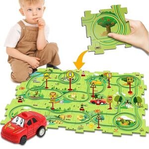 25PCS Puzzle Car Tracks with Vehicles Backyard RC Car Track Play Set for Toddlers Rail Car Building Toys Gifts for 3+ Years Kids Educational Montessori Toys