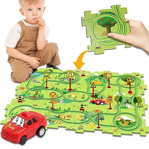 25PCS Puzzle Car Tracks with Vehicles Backyard RC Car Track Play Set for Toddlers Rail Car Building Toys Gifts for 3+ Years Kids Educational Montessori Toys