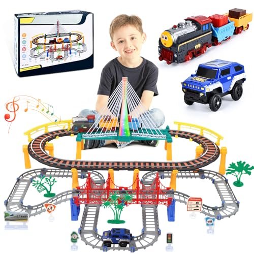 JONRRYIN RC Transportation Toy Train Track Playset Electric Train and Car Set for Kids Industrial City Theme