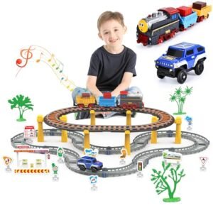 JONRRYIN Honda City RC Car Toy Train Track Playset Electric Train and Car Set for Kids Toddlers 3 4 5 6 Year & Up