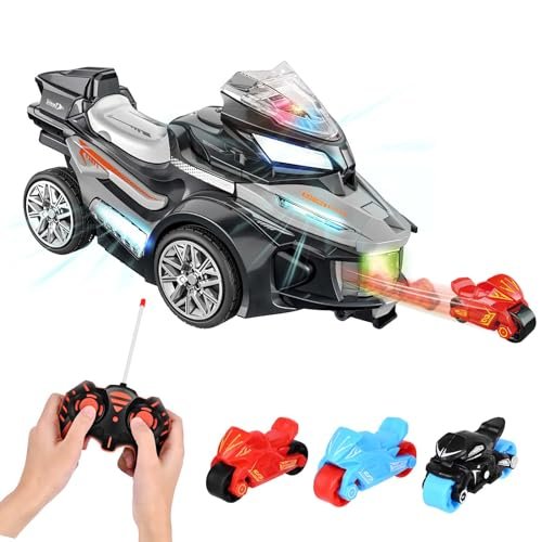 RC Car with Ejectable Mini Motorcycles LED Lights and Music Fast 360 Spinning Drift Racing Toy for Kids