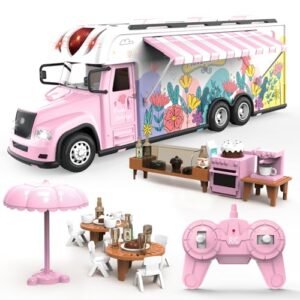 Leopmase Pink RC Camper Truck Toy with Colorful Lights Sounds and Camping Equipment Set for Girls Ages 3 4 5 6 Years Old