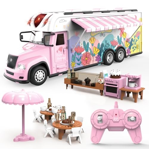 Leopmase Pink RC Camper Truck Toy with Colorful Lights Sounds and Camping Equipment Set for Girls Ages 3 4 5 6 Years Old
