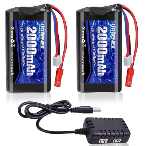 URGENEX 2000mAh 7.4 V Li ion RC Helicopter Battery with JST Plug Rechargeable 2S for RC Cars Trucks and Boats