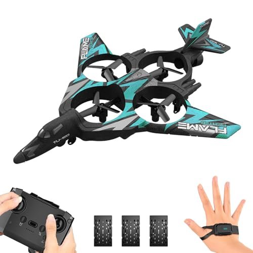 GoolRC RC Plane Remote Control Airplane Foam RC Aircraft 2.4GHz RC Jet Fighter with 3D Flip Gravity Sensing Spray LED Light 3 Battery Easy to Fly RC Glider for Kids Adults Blue