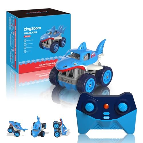 Mini Shark Remote Control Car Rechargeable Fast Direct Charging RC Truck Stores 360 Flip Stunt RC Toys 2.4Ghz 4WD All Terrain Race Car Toy for Boys Girls Aged 3 12