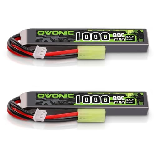 OVONIC 2s Lipo Battery 7.4V 1000mAh 80C with MiniTamiya Plug for RC Plane Dogfight with Airsoft Guns 2 Packs