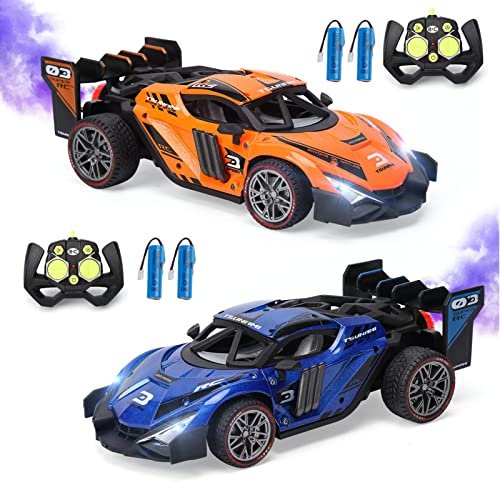 2 Pack Remote Control Drift Car with Spray and Light Fog Mist High Speed Racing Cars 2.4GHZ 4WD Off Road Toy Vehicle for Adults Kids Boys Girls Blue and Orange