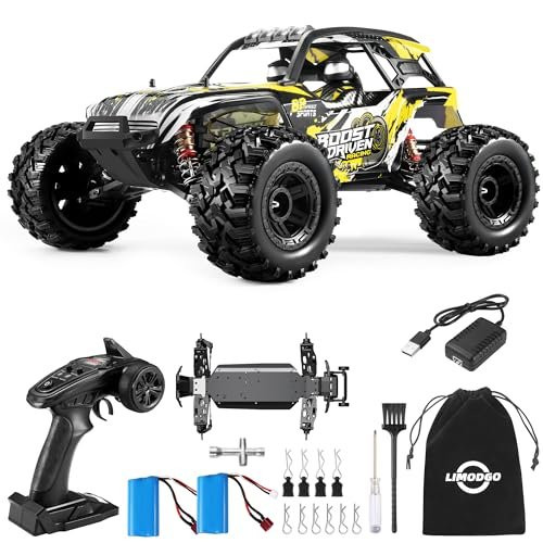 Limodgo Fast Traxx RC Truck 1/10 Scale Large Brush Remote Control Car 28 MPH 4WD Off Road Monster Truck with LED Headlights Yellow
