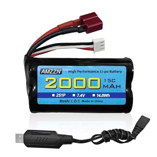 AMZZN 7.4V 2000mAh 15C 2S Lipo Battery with T Plug and USB Charger for Gas Powered RC Trucks eBay WLtoys MJX Hosim Xinlehong YONCHER HAIBOXING