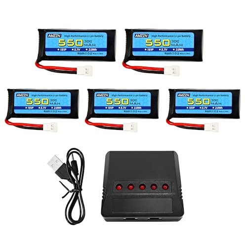 AMZZN 5PCS 3.7V 550mAh 30C Lipo Battery Molex 2P Plug with 5 in 1 Charger for Pandora RC Body Build and Compatible Drones