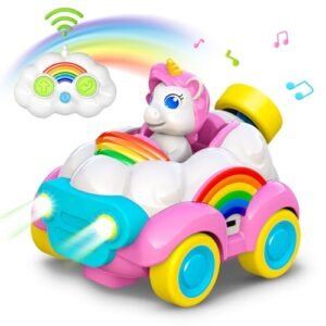 STRAWBETTER Unicorn RC Cars Toys for Girls Rechargeable Remote Control Car with LED Light and Music Perfect for Ages 2 3 4 5 Years Old Available with RC Cars Payment Plans
