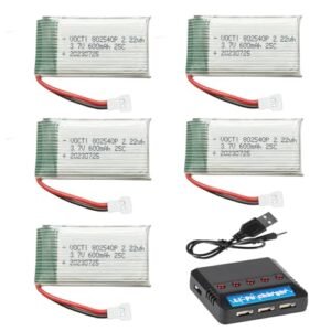 VOCTI 3.7V 600mAh Lipo Battery 25C for Syma X5C X5SW X5C-1 X5SC S5W MJX X708 CX-30W CX-31 CW4 S5C S5W SS40 FQ36 H42 T32 T5W Quadcopter Drone Aircraft Battery with Charger (5 pcs)