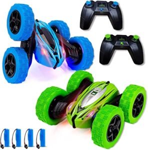 2 Pack RC Stunt Car High Speed Rock Crawler Vehicle 360 Rotating 4WD Off Road Double Sided Tumbling Remote Control Car for Kids 2 4GHz 4 Rechargeable Batteries Included