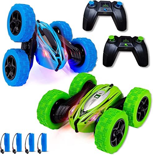 2 Pack RC Stunt Car High Speed Rock Crawler Vehicle 360 Rotating 4WD Off Road Double Sided Tumbling Remote Control Car for Kids 2 4GHz 4 Rechargeable Batteries Included