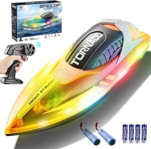 BISIS 2.4G 15+ MPH Fast Remote Control RC Boat Modeller with LED Lights and Dual Rechargeable Batteries for Kids and Adults Orange