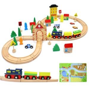 HERQUEEN Geotrax Train Table and RC Set Wooden Train with Magnetic Trains Premium Tracks 54pc Double Side for Toddlers Boys Girls