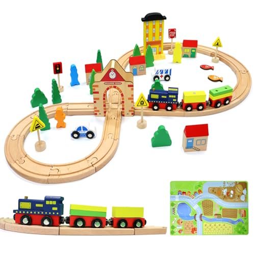 HERQUEEN Geotrax Train Table and RC Set Wooden Train with Magnetic Trains Premium Tracks 54pc Double Side for Toddlers Boys Girls
