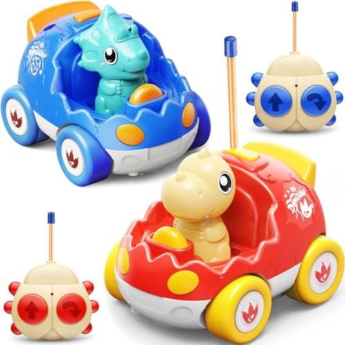 2 Pack Dinosaur RC Drag Race Car Toys for Kids Ages 2 3 4 5 6 Years Old Christmas Birthday Gifts for Boys and Girls with Music and Light Red Blue