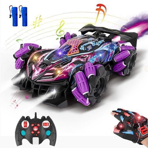 GoolRC RC Plane Simulator Xbox 360 Compatible Stunt Car with Gesture Sensing 2.4GHz 4WD Remote Control 360 Rotating Lights Music Spray 2 Control Modes Kids Birthday Gifts Purple