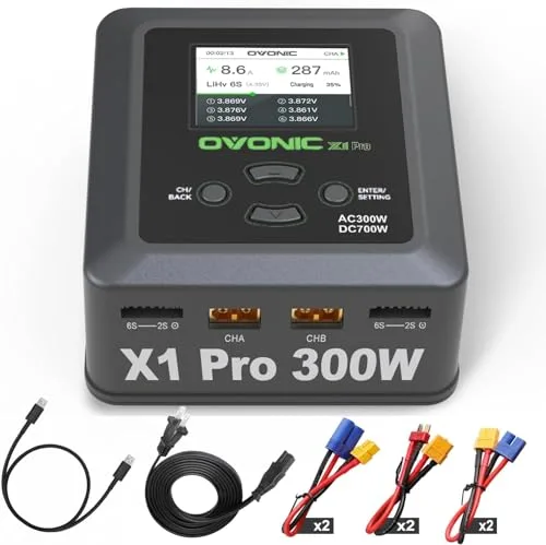OVONIC X1 Pro Dual RC Lipo Battery Balance Charger Smart Fast Charging for 1s 2s 3s 4s 5s 6s Lipo Life NiCd NiMH LiHV Batteries AC 300W DC 700W 16A with Sync Charging Mode